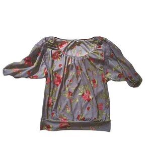 5/$25 Sz Med Express Sheer & Lace Mesh Top Floral Puff Sleeves Pinks Purple